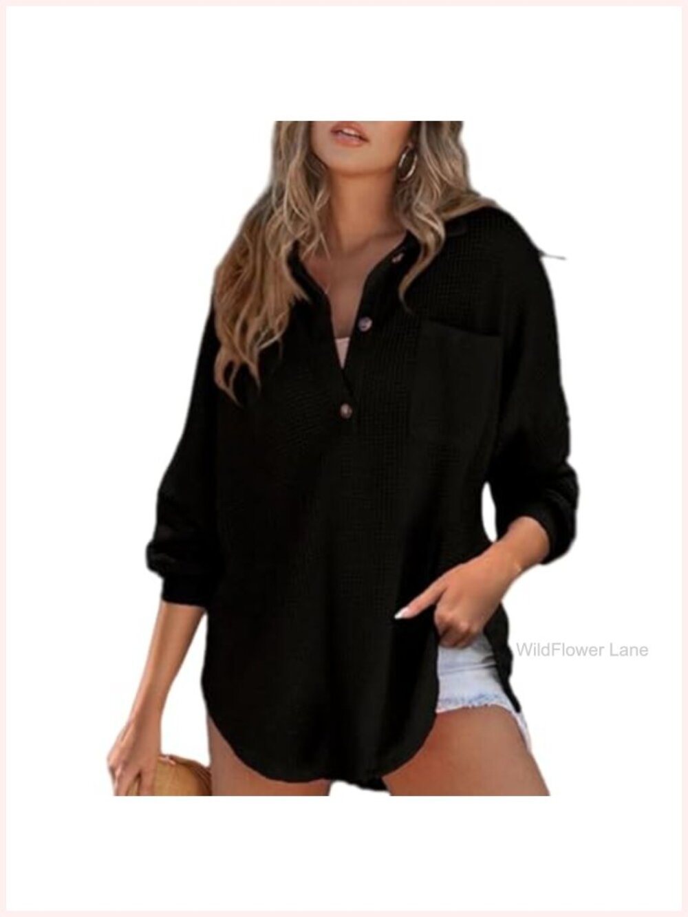 Waffle Knit Long Sleeve Henley Tunic Pullover Top